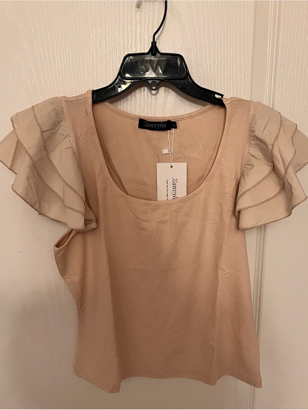 Beige Ruffle-Sleeve Scoop Neck Top